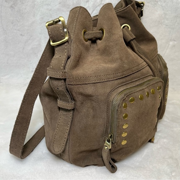 Crown Vintage Suede Drawstring Satchel Handbag. Brown with Gold Stud Accents - Picture 7 of 15